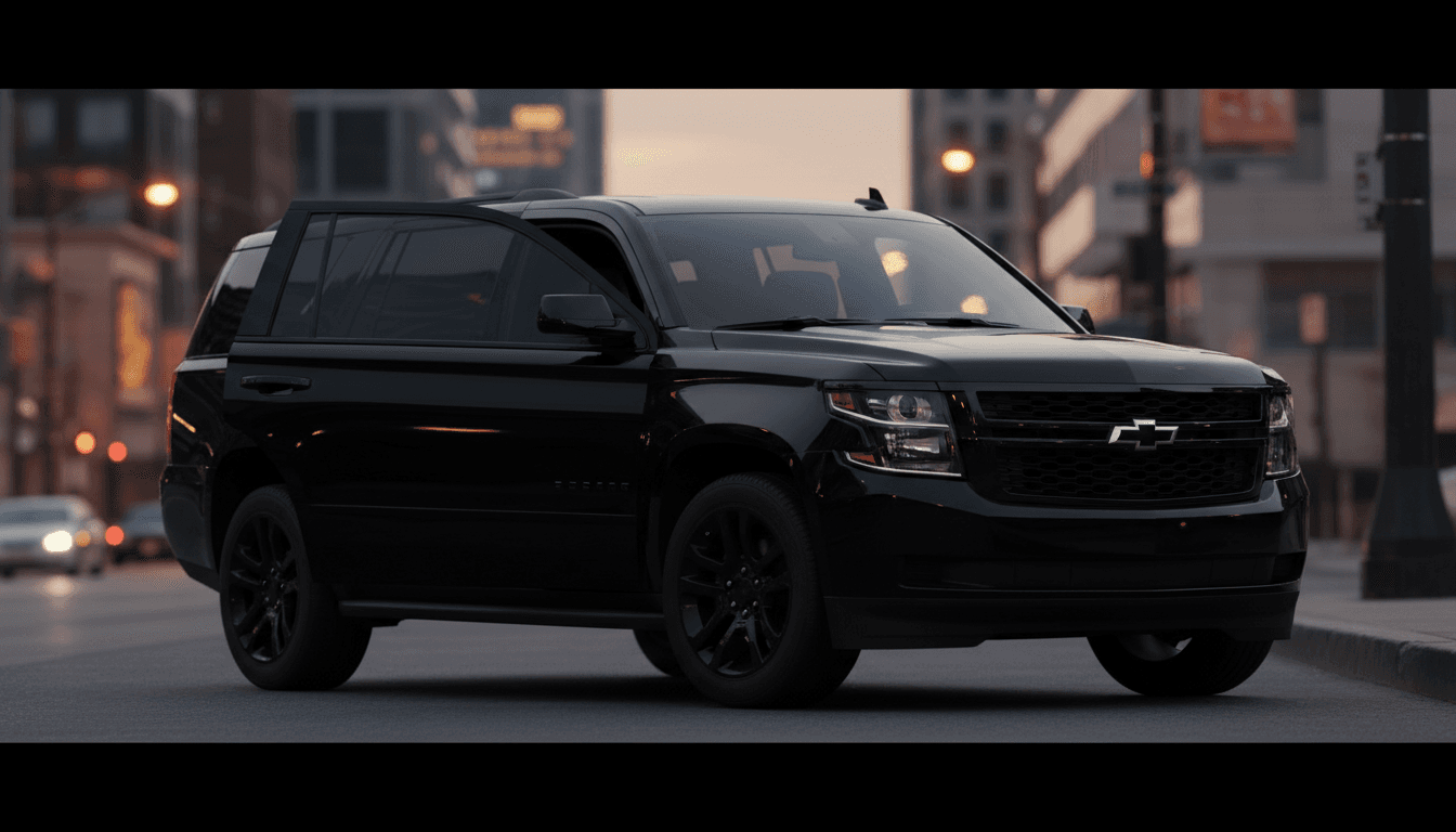 Black Chevrolet Suburban parked at night, passenger door open, clean exterior