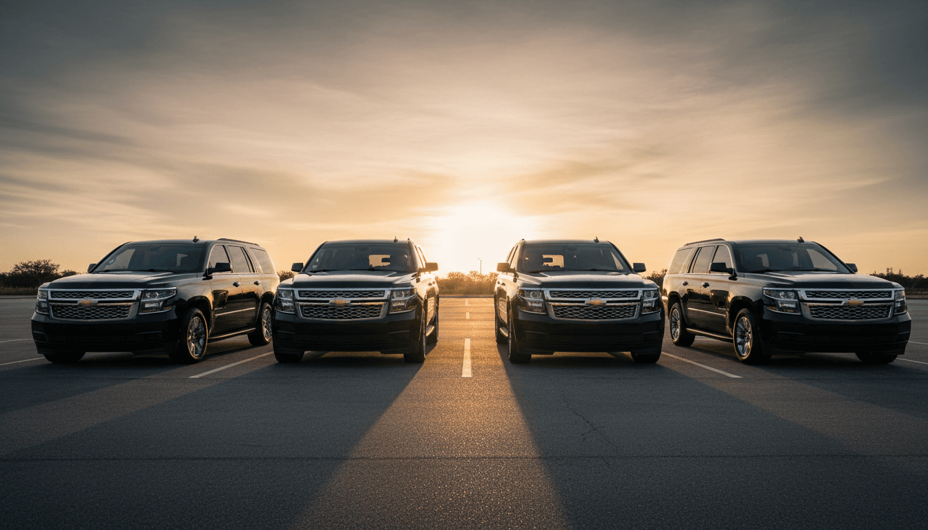 Row of black Chevrolet Suburbans and Tahoes parked at golden hour, reflecting warm light on polished paint