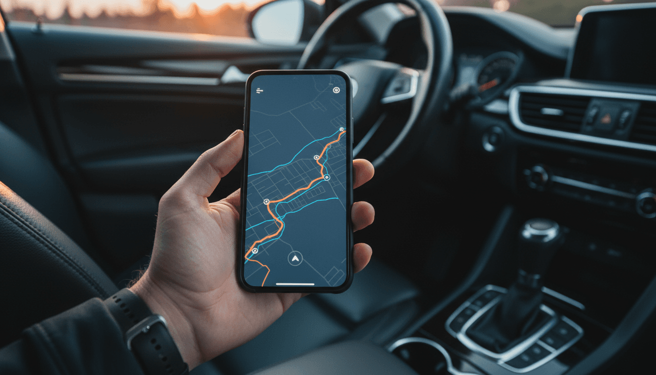 Hand holding smartphone with trip tracking app, leather car interior background