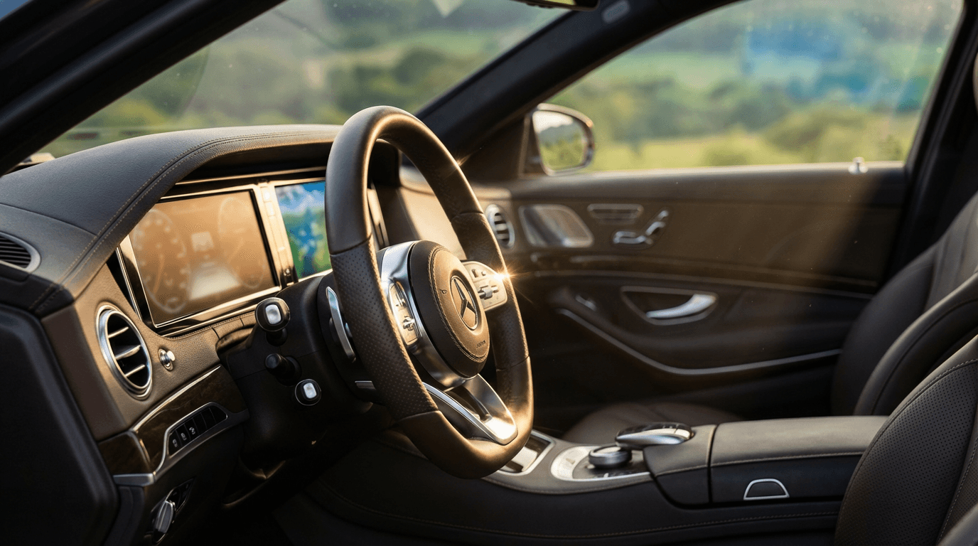 Close-up of a black leather steering wheel in a luxury SUV interior
