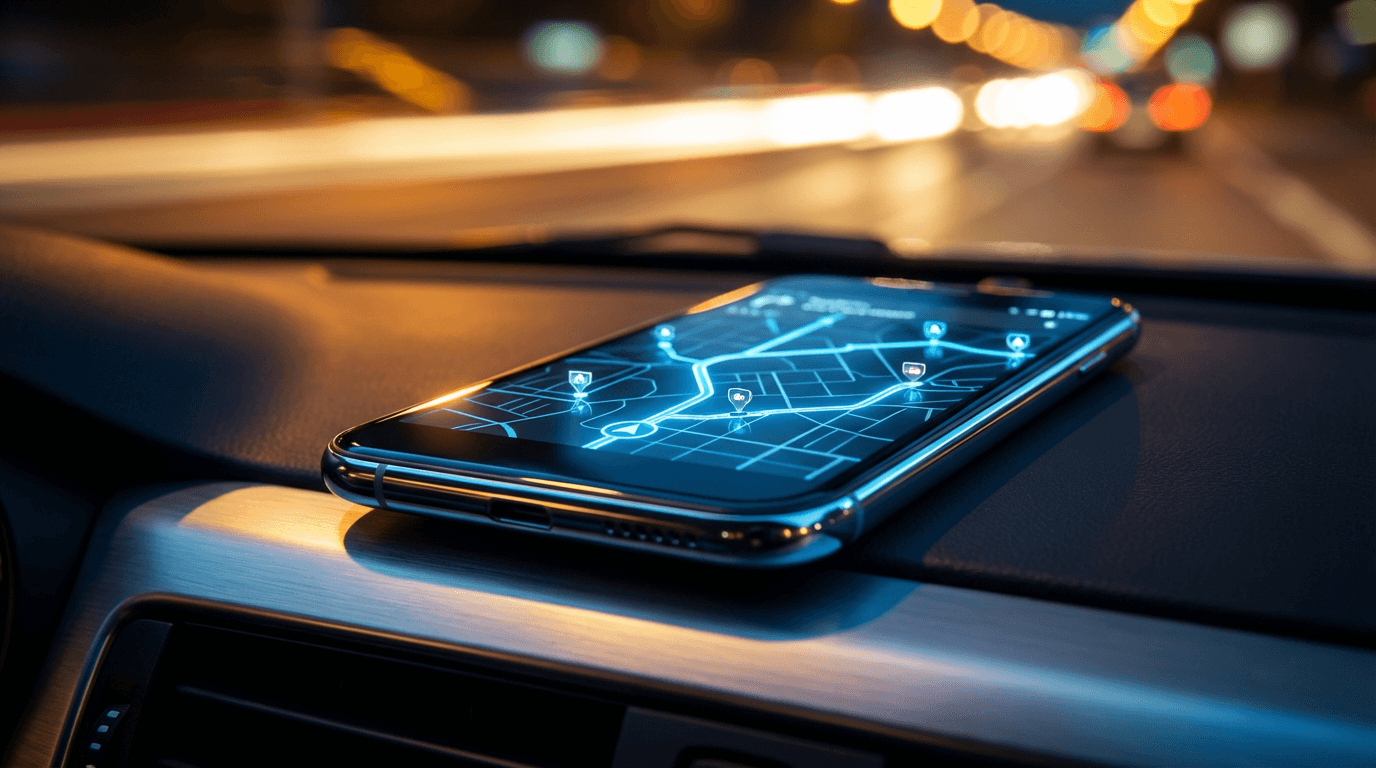 Driver's hand holding smartphone with trip tracking map inside a luxury SUV