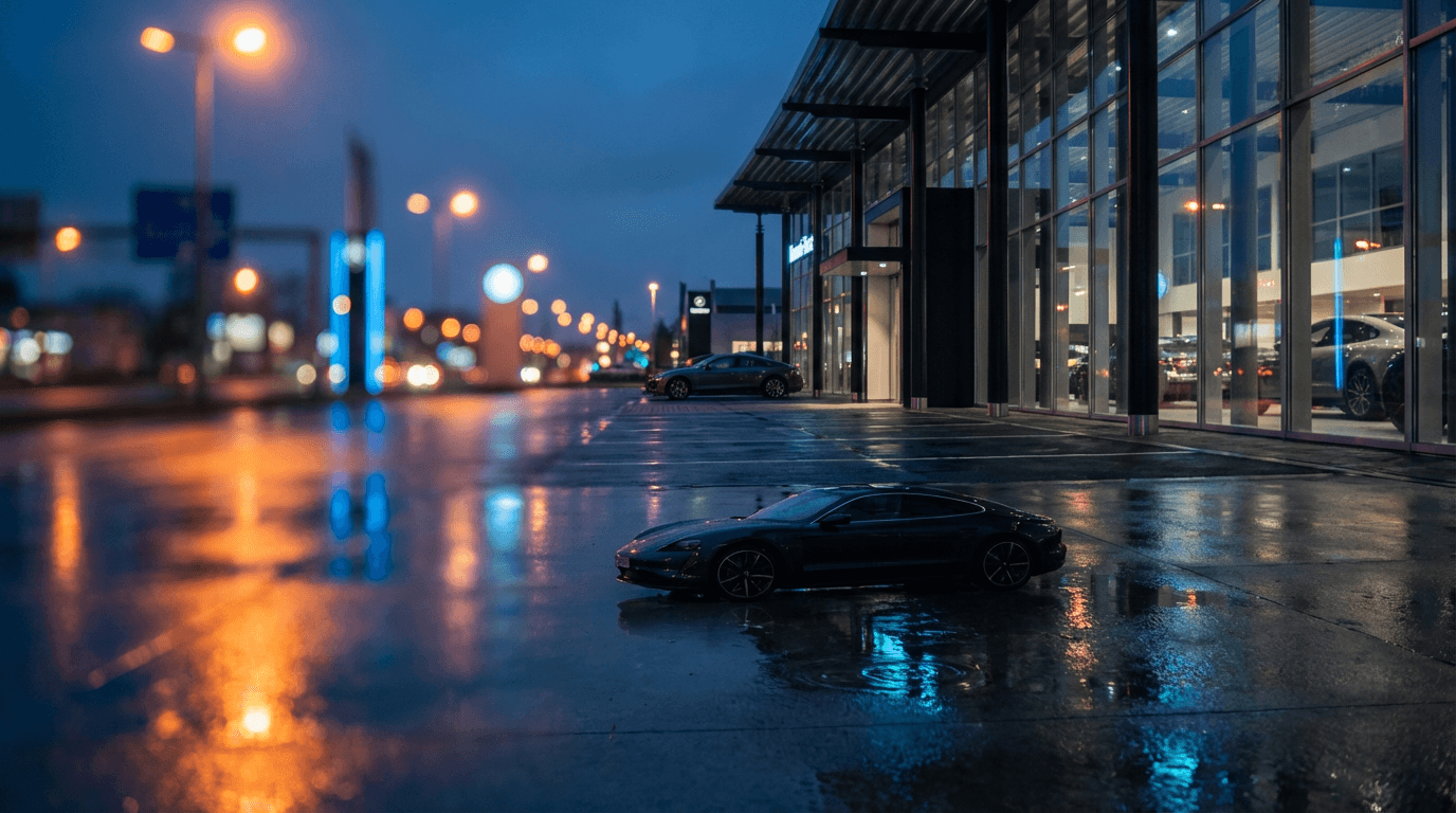 Black Chevrolet Tahoe parked at night reflecting soft streetlight glow